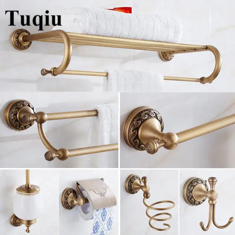 Antique brass bath hardware set with ornate vintage-inspired designs and matching wall-mounted decorbites brass antique fixtures
