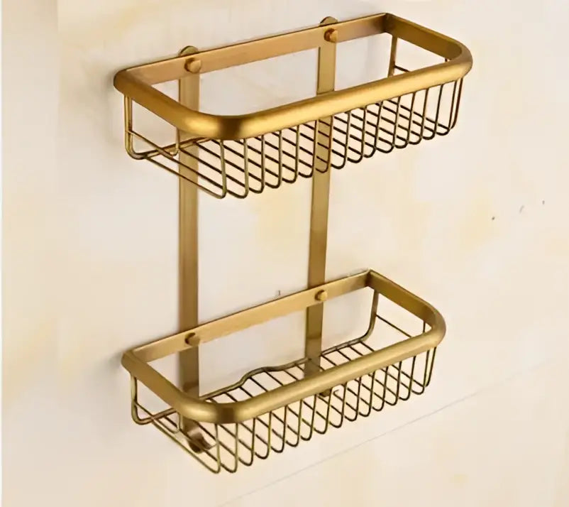 Brass double-tier wall-mounted shower caddy in antique brass bath hardware decorbites brass antique vintage set