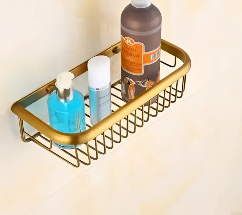 Gold-toned metal wire shower caddy with rectangular grid design from brass antique bath decorbites hardware set