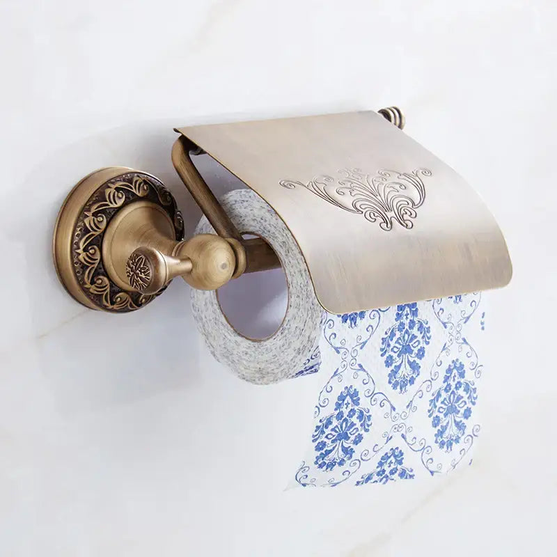 Antique brass bath hardware toilet paper holder with ornate floral engraving and matching decorative cover decorbites brass antique