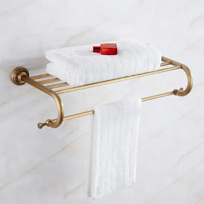 Antique brass bath hardware towel rack with curved arms and decorative end caps for vintage bathroom decorbites brass antique