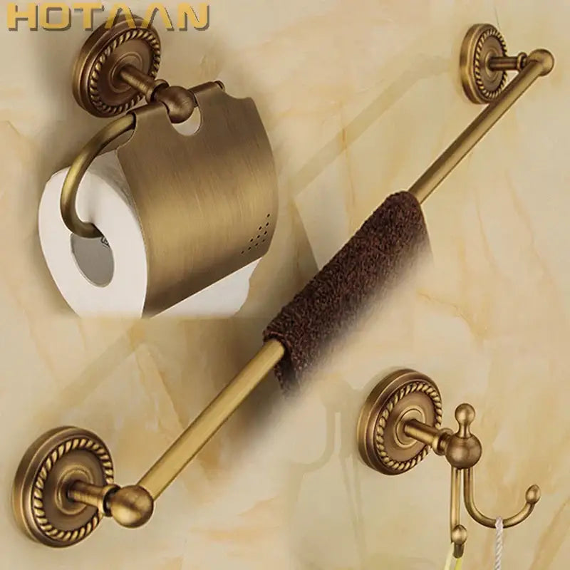 Antique brass bathroom accessories set with rope detail featuring toilet paper holder towel bar and hook decorbites brass bathroom