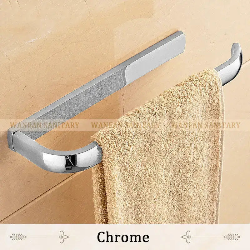 Chrome finished towel rack with sleek modern design and brushed metal texture for decorbites brass bathroom accessories set