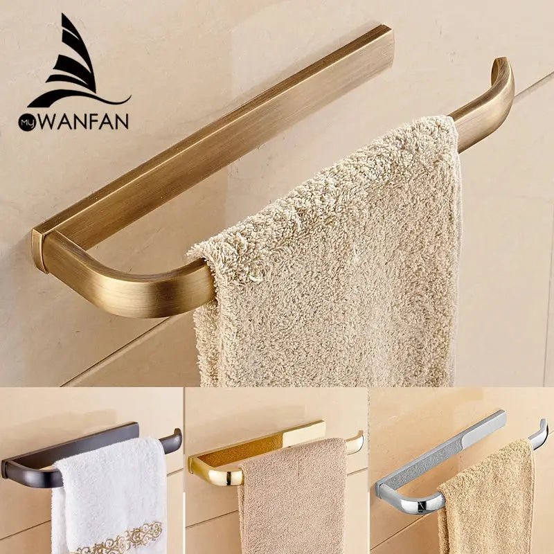 Antique brass bathroom accessories set featuring a wall-mounted towel rack with rounded ends by decorbites brass bathroom
