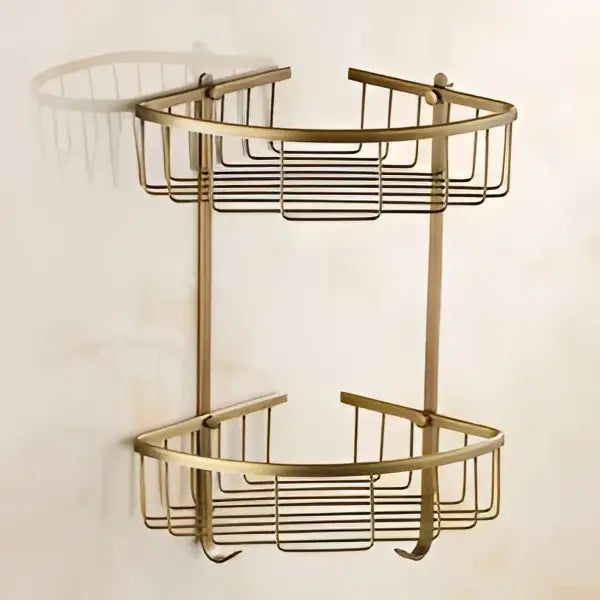 Brass corner shower caddy with two tiers and wire mesh design from decorbites brass bathroom set with ornate mounts