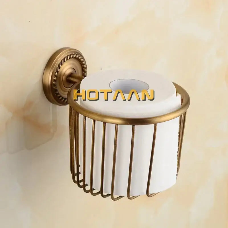Antique brass toilet paper holder with decorative cage design from decorbites brass bathroom set with ceramic brush cup