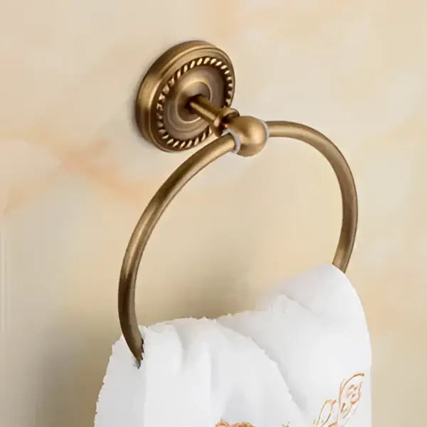 Antique brass towel ring with ornate beaded brass bathroom set mount and smooth circular hoop by decorbites brass bathroom