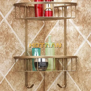Antique brass bathroom shower shelf two tier corner caddy with hooks in decorbites brass bathroom style
