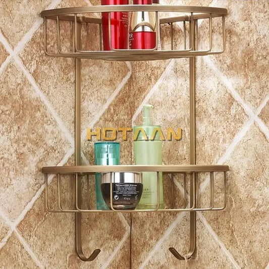 Antique brass bathroom shower shelf two tier corner caddy with hooks in decorbites brass bathroom style