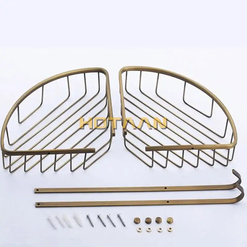Antique brass bathroom shower shelf two tier corner caddy with hooks and wire mesh design for decorbites brass bathroom