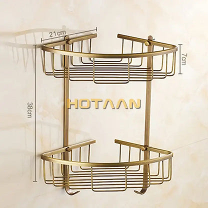 Antique brass two-tier corner shower caddy with hooks for bathroom shower shelf by decorbites brass bathroom collection