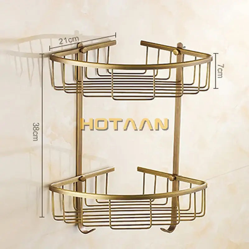Antique brass two-tier corner shower caddy with hooks for bathroom shower shelf by decorbites brass bathroom collection