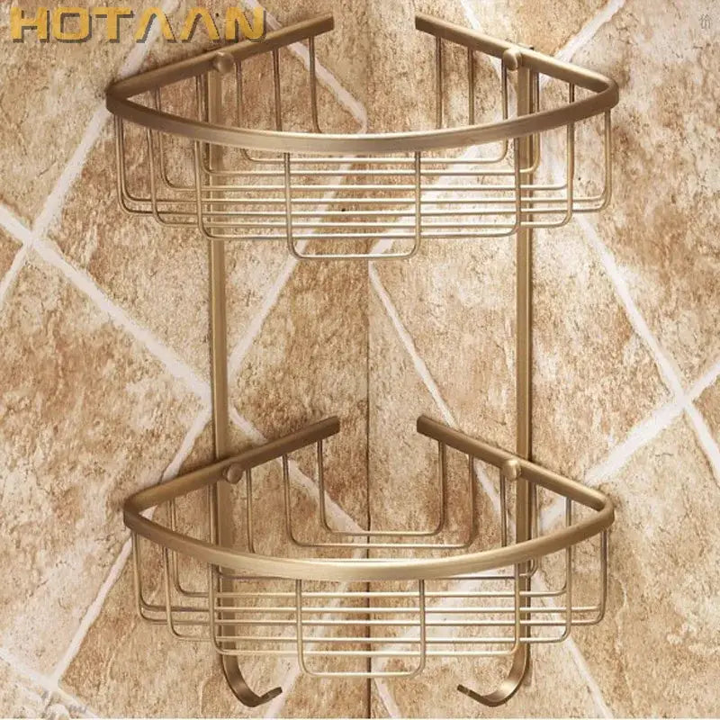 Bronze two-tier corner bathroom shower shelf with wire mesh shelves and hooks for brass bathroom shower decorbites