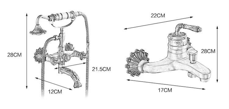 Antique brass bathtub shower set with vintage-style two-handle faucet and ornate shell-shaped decorative elements