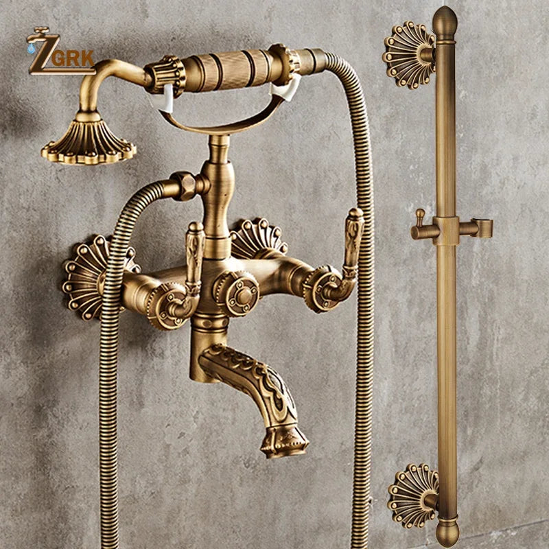 Antique brass bathtub shower set with vintage-style faucet and shell-shaped decorative handheld showerhead