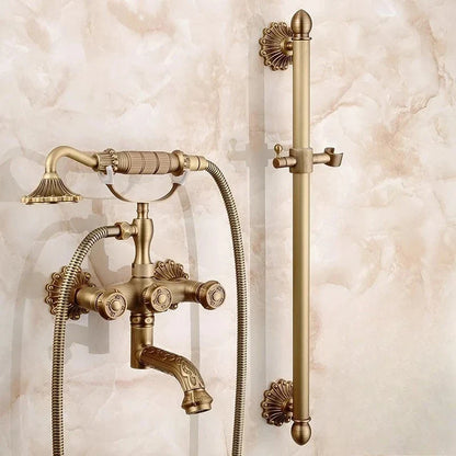 Antique brass bathtub shower set featuring a vintage-style faucet with ornate detailing and matching shower rod