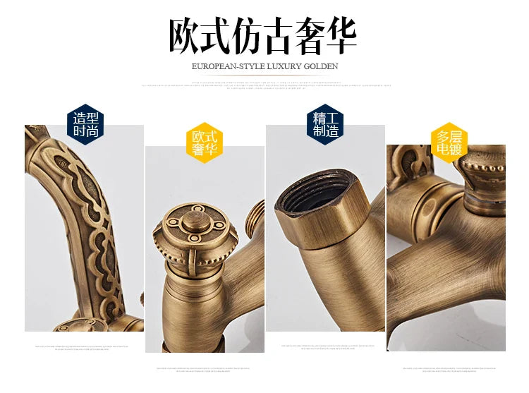 Antique brass bathtub shower set with a european-style luxury golden faucet featuring intricate ornate detailing and brushed brass finish