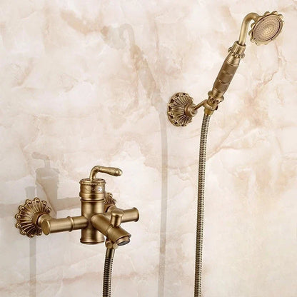 Antique brass bathtub shower set featuring vintage-style shower faucet and handheld sprayer in brass finish