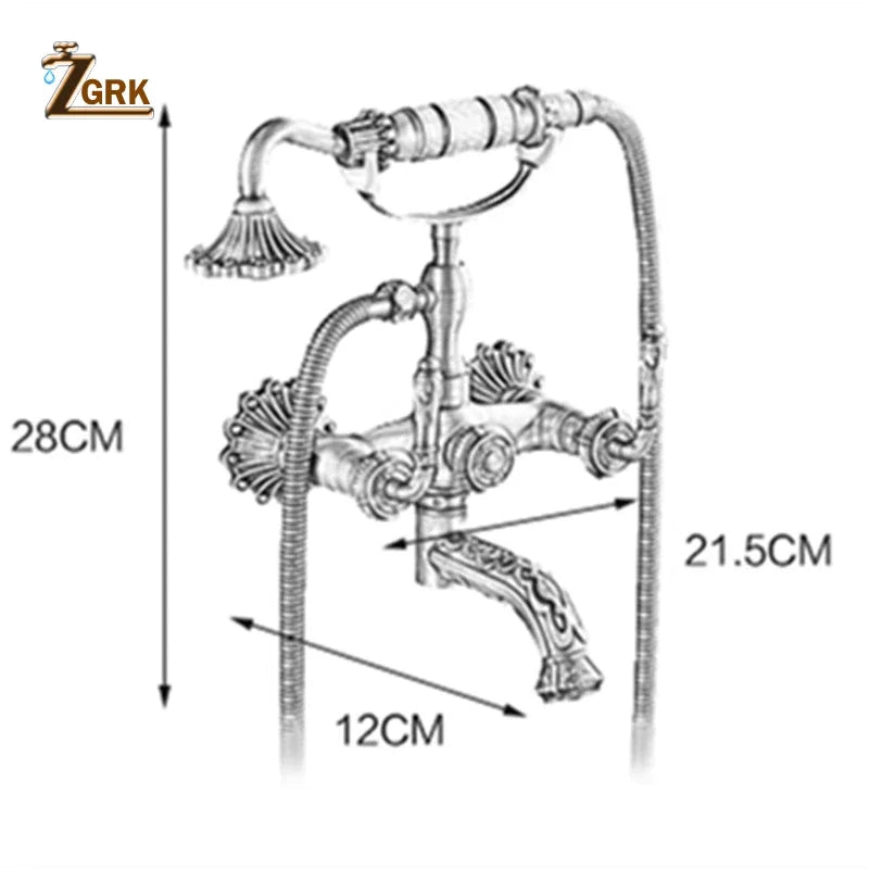 Antique brass bathtub shower set featuring ornate fluted handles and a decorative showerhead in antique style