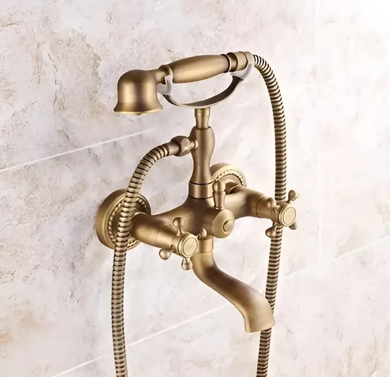 Antique brass bathtub shower set with ceramic handles and twisted hose handheld showerhead by decorbites brass bathtub