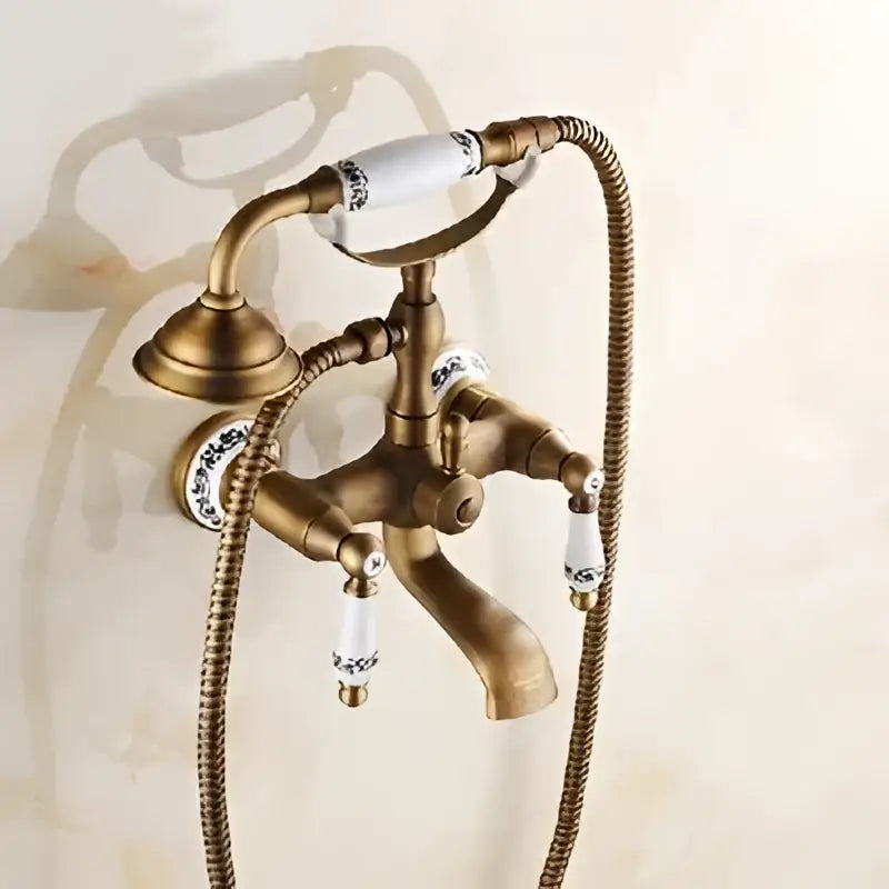 Antique brass bathtub shower set with ceramic handles and handheld showerhead decorbites brass bathtub mixer