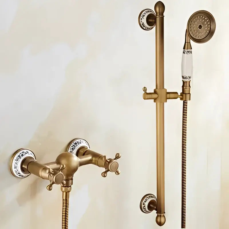 Antique brass bathtub shower set with ceramic handles and matching shower rod system for bathroom decorbites brass bathtub