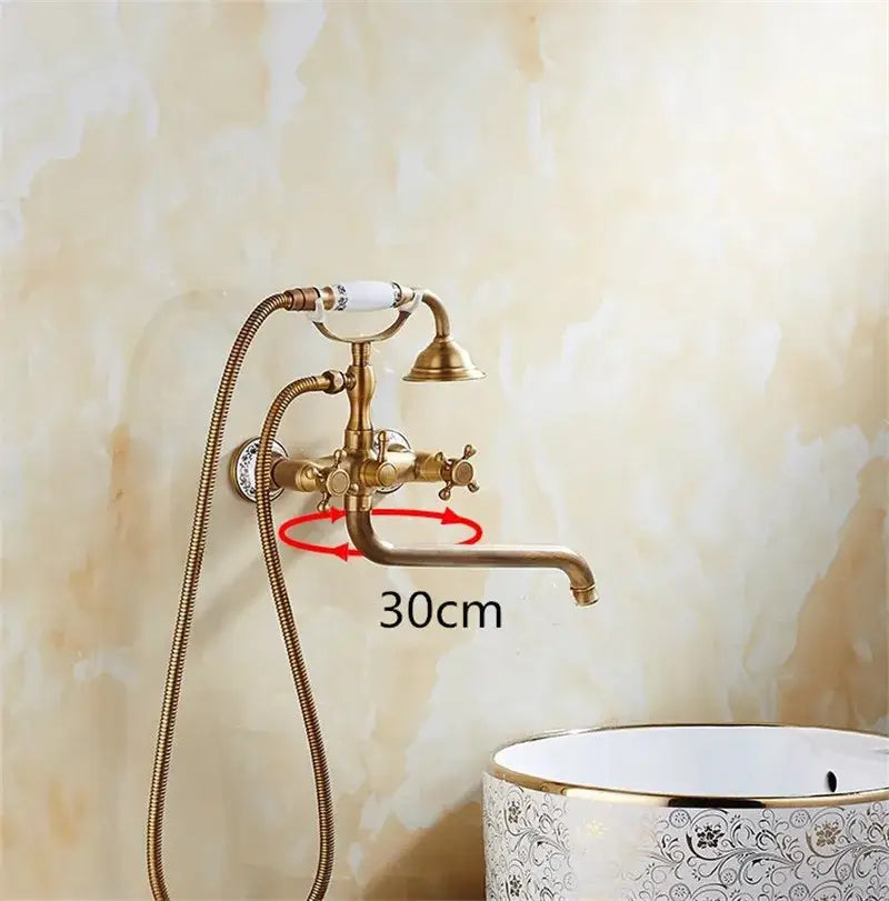 Antique brass bathtub shower set with curved spout ceramic handles and attached flexible shower hose decorbites brass bathtub