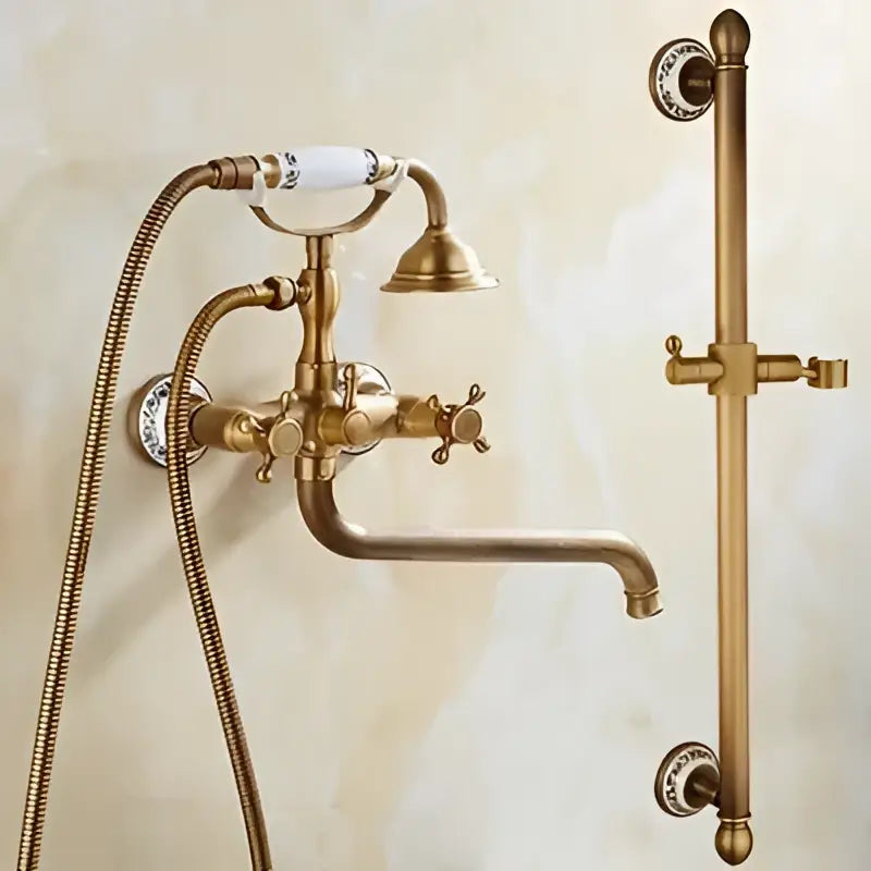 Antique brass bathtub shower set with white ceramic handles and matching grab bar for brass bathtub shower decorbites