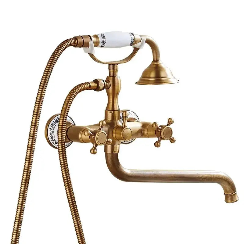 Antique brass bathtub shower set with curved spout and three cross-handle decorbites brass bathtub mixer with ceramic handles