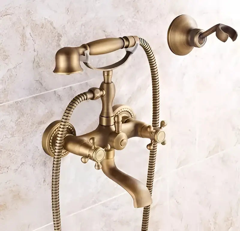 Antique brass bathtub shower set with ceramic handles flexible hoses and separate showerhead for bathroom decorbites brass bathtub