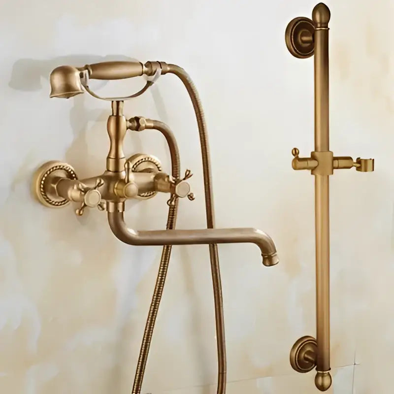 Antique brass bathtub shower set with ceramic handles and matching shower rod featuring decorbites brass bathtub design