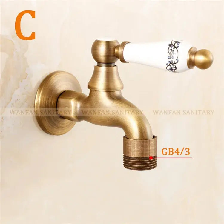 Antique brass bibcock faucet with white ceramic handle decorated with black floral patterns for garden tap decorbites brass antique