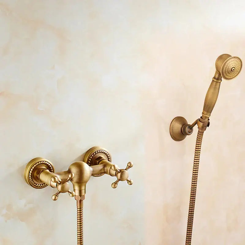 Antique brass bidet mixer faucet with vintage wall-mounted shower faucet and ornate cross handles handheld showerhead