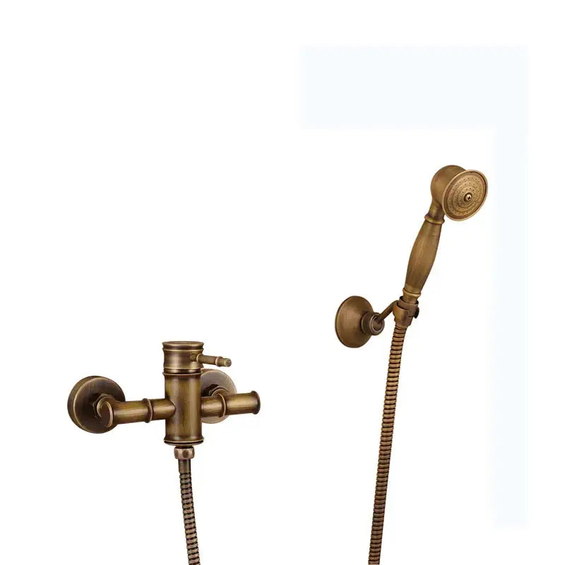Antique brass bidet mixer faucet with wall-mounted handheld shower set and flexible hoses for bathroom use