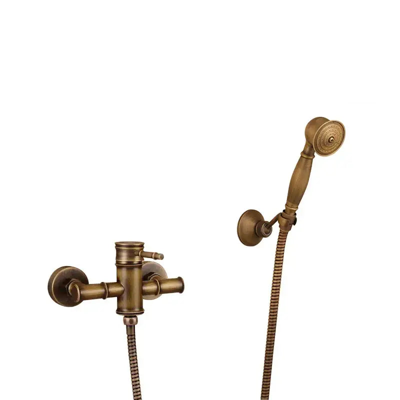 Antique brass bidet mixer faucet with wall-mounted shower faucet, handheld showerhead, and flexible hoses