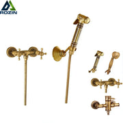 Antique brass bidet mixer faucet bathroom handheld shower set with ornate detailing and multiple showerhead options
