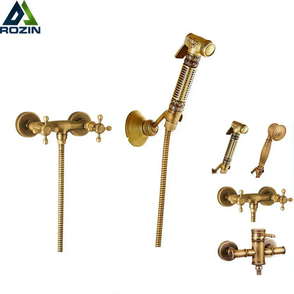 Antique brass bidet mixer faucet bathroom handheld shower set with ornate detailing and multiple showerhead options