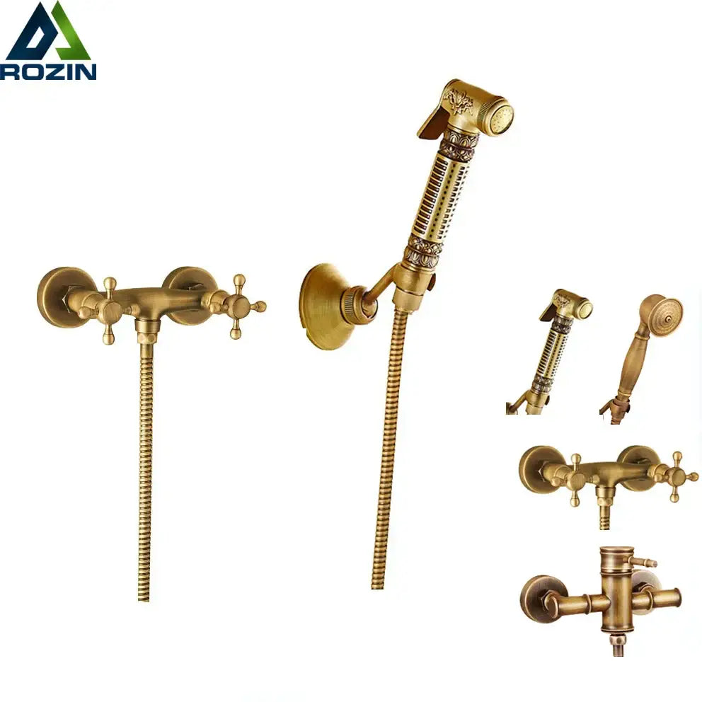 Antique brass bidet mixer faucet bathroom handheld shower set with ornate detailing and multiple showerhead options