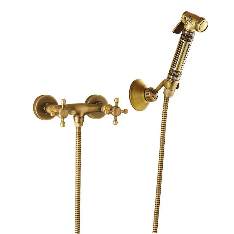 Antique brass bidet mixer faucet bathroom handheld shower set with ornate detailing and matching handheld showerhead