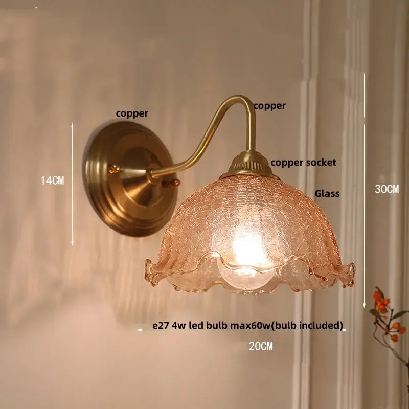 Antique brass blue flower glass led wall sconce with amber textured ruffled shade for bedroom decorbites blue flower