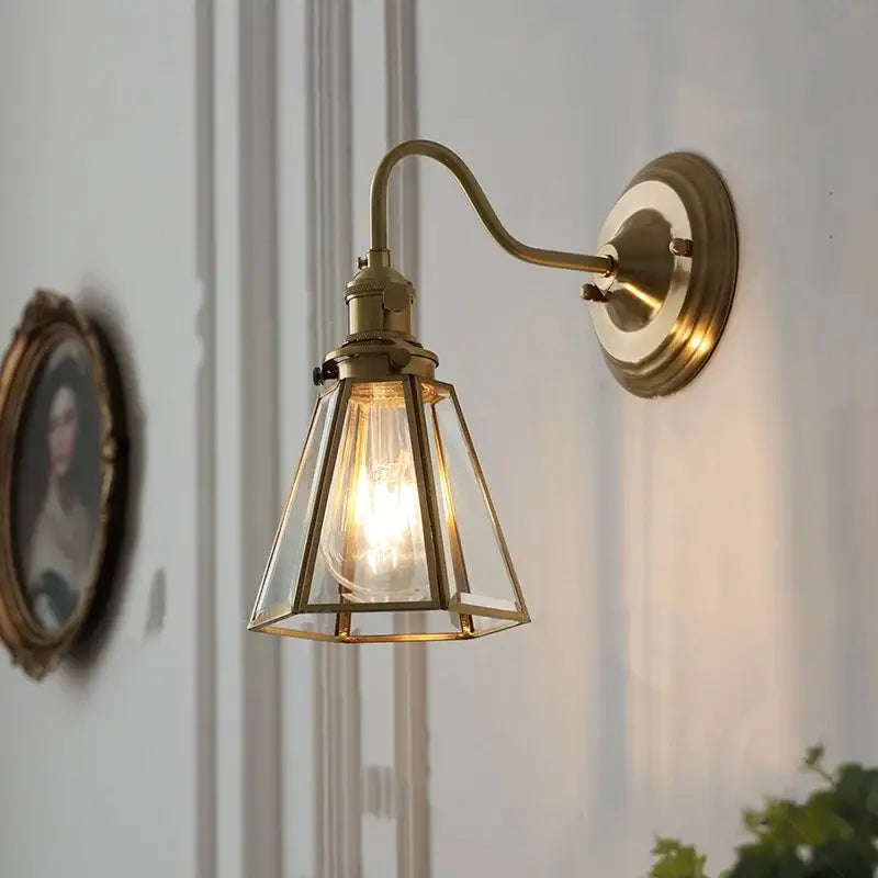 Antique brass blue flower glass led wall sconce with geometric glass shade and exposed bulb for bedroom decorbites blue flower
