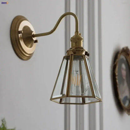 Antique brass blue flower glass led wall sconce with geometric shade and exposed filament bulb for bedroom decorbites blue flower