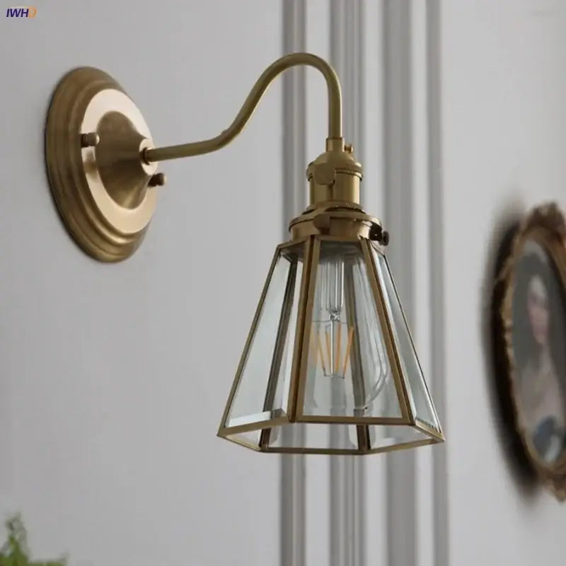 Antique brass blue flower glass led wall sconce with geometric shade and exposed filament bulb for bedroom decorbites blue flower