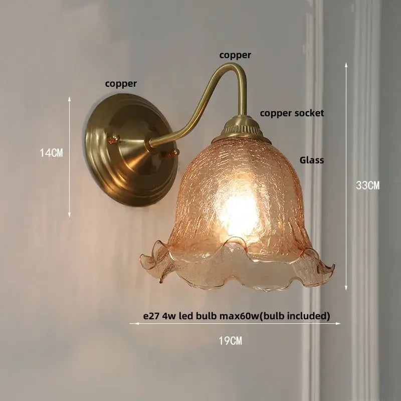 Antique brass blue flower glass led wall sconce with copper finish and amber textured flower glass led shade decorbites blue flower