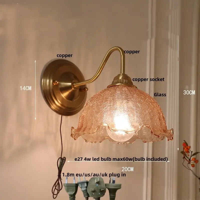 Antique brass blue flower glass led wall sconce with textured amber-tinted shade for bedroom decorbites blue flower