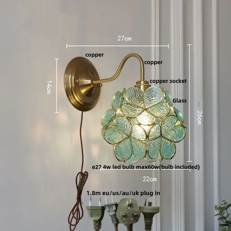 Antique brass blue flower glass led wall sconce with teal translucent flower glass shade for bedroom decorbites blue flower