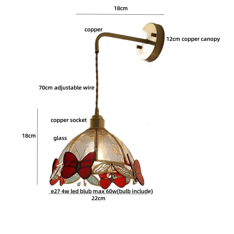 Antique brass butterfly glass led wall light with decorative copper sconce and red butterfly stained glass shade for bedroom decorbites butterfly glass wall lights