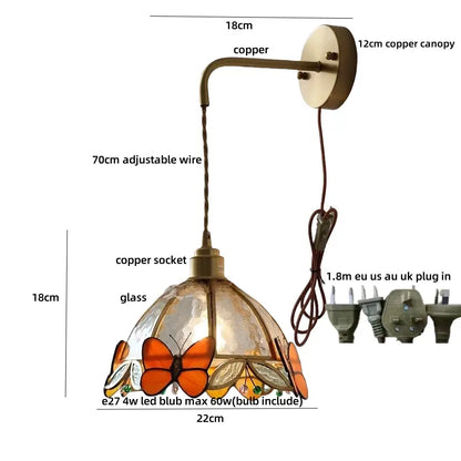Antique brass butterfly glass led wall lights with decorative copper sconce and orange amber stained glass shade