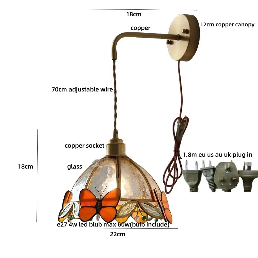 Antique brass butterfly glass led wall lights with decorative copper sconce and orange amber stained glass shade