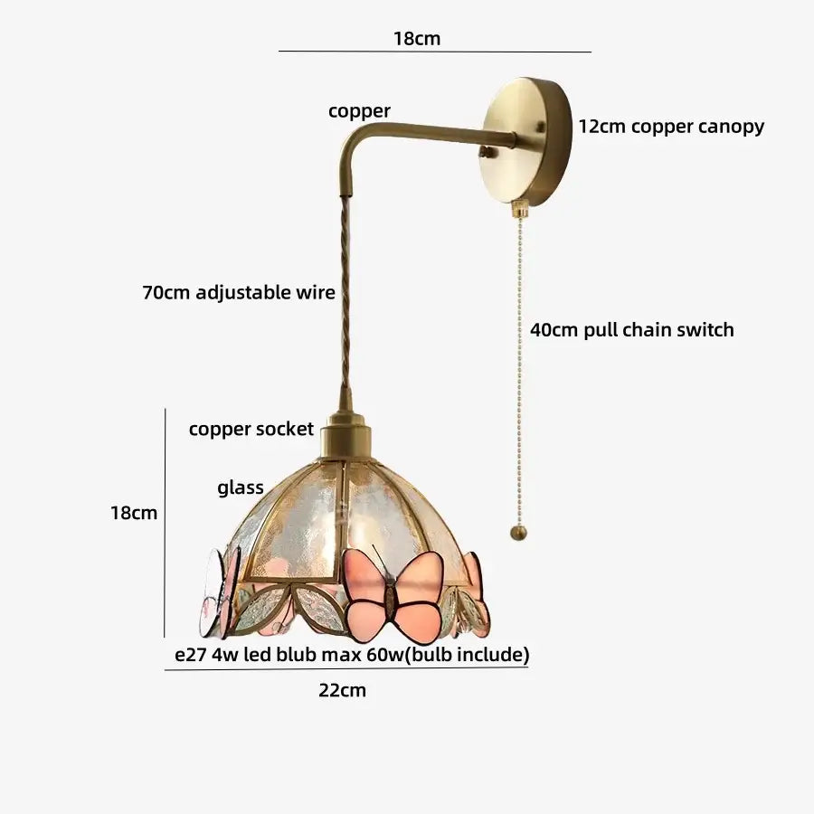 Antique brass butterfly glass led wall light with decorative copper sconce and pink clear stained glass shade for bedroom decorbites butterfly glass
